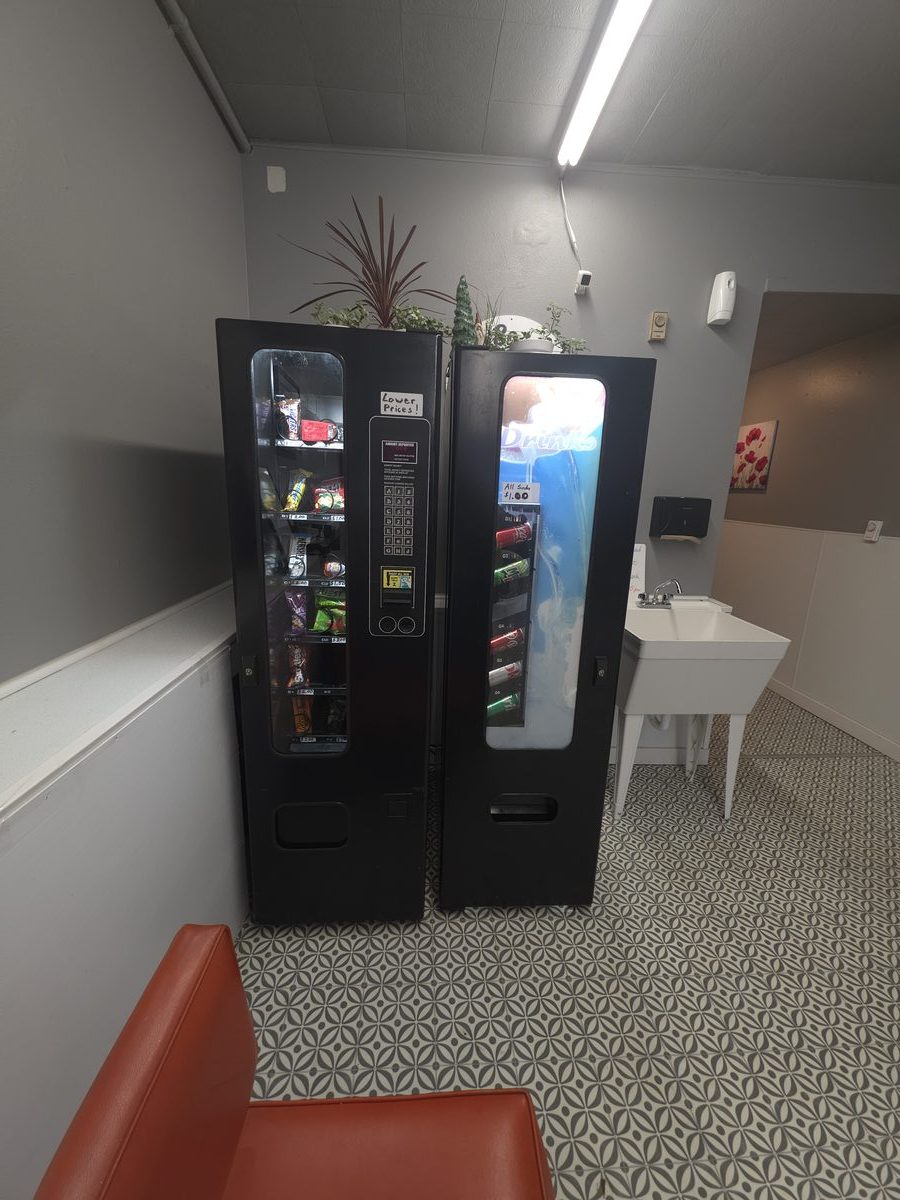 Snack and soda vending machines inside Kersey Laundromat